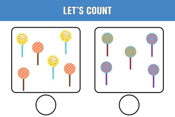 Let's count. Educational math game for kids. Printable worksheet design for preschool, kindergarten or elementary students.
