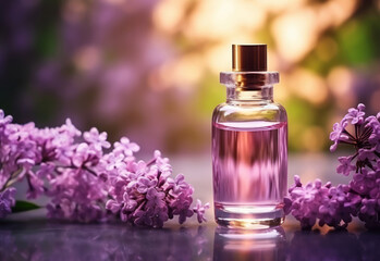 Obraz na płótnie Canvas Glass bottle with essential oil among the lilac blossoms