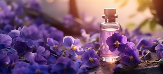 Glass bottle with essential oil among the viola blossoms - obrazy, fototapety, plakaty