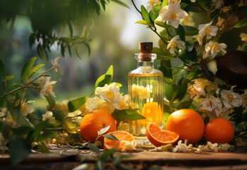 Glass bottle with essential oil among the tangerine blossoms and fruits