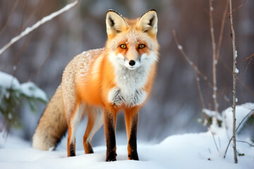 Naklejka na ściany i meble European red fox Vulpes vulpes in winter. A common wil animal of the dog family in snow.