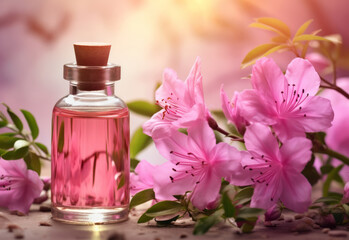 Obraz na płótnie Canvas Glass bottle with essential oil among the wild azalea blossoms