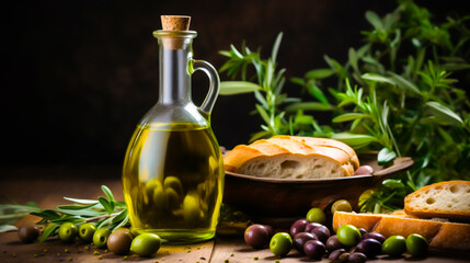 Moody olive green shot of an artisanal olive oil bottle, with olives and rustic bread.