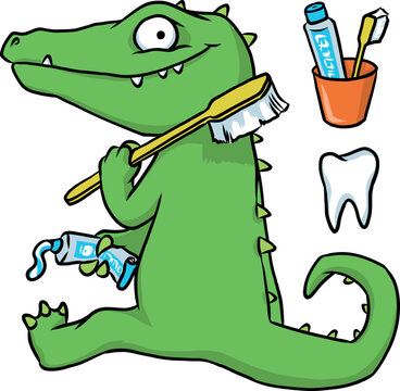 niedliches Krokodil mit Zahnb&uuml;rste und Zahnpasta zum Z&auml;hne putzen f&uuml;r Hygiene, Pflege, Prophylaxe und Schutz gegen Karies