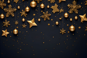 Fototapeta premium Weihnachtliche goldene Dekoration auf dunklem Hintergrund, Weihnachtskarte, erstellt mit generativer KI