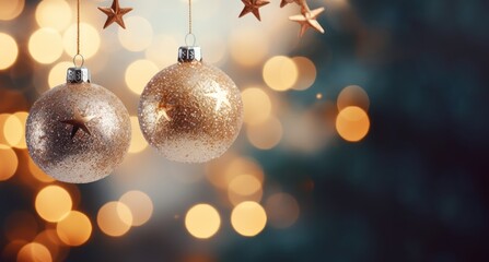 Christmas tree decoration, Christmas bauble closeup, bokeh lights background, copy space