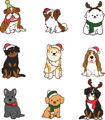 Simple and cute Christmas illustrations with adorable dogs with outlines