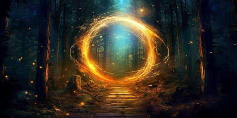 Magical Fire portal in the shape of a circle in Mystical dark forest. Magic lights. Fantasy gate. Gateway to another realm. Wonders. Unknown. Shimmering magic ring. Journey. Vector illustration - obrazy, fototapety, plakaty