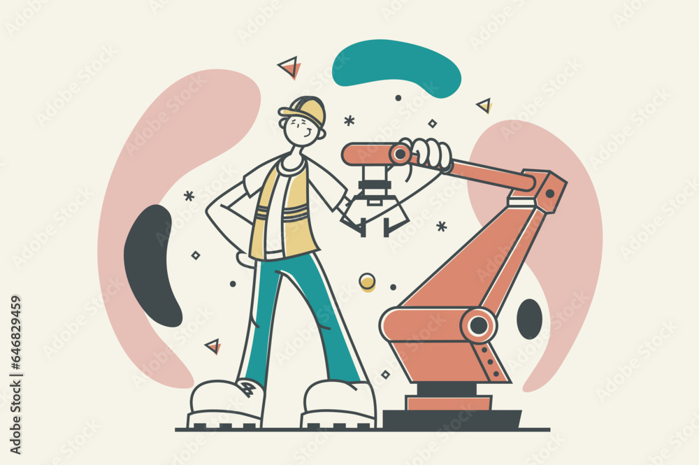 Aufkleber automated industry concept with people scene in flat retro design for web. engineer works with smart