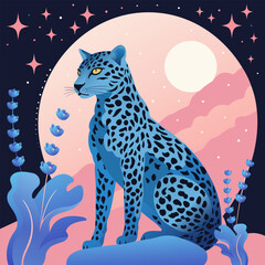 Colorful vector illustation of blue leopard sitting on stone. Pink and blue gradient background with cloud, moon, flowers. Magic concept. Trendy, groovy style. For poster, banner, greeting card.