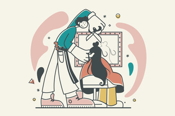 Beauty salon concept with people scene in flat retro design for web. Hairdresser doing haircut and hairstyle to woman client by mirror. Vector illustration for social media banner, marketing material.