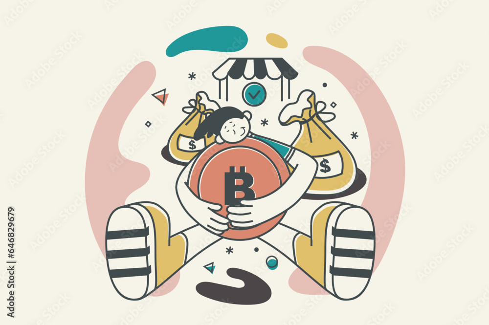 Aufkleber crypto market concept with people scene in flat retro design for web. man trading bitcoins at crypto