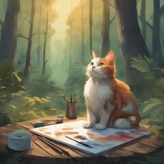 cat in the forest painting a picture