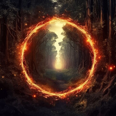 Magical Fire portal in the shape of a circle in Mystical dark forest. Magic lights. Fantasy gate. Gateway to another realm. Wonders. Unknown. Shimmering magic ring. Journey. Vector illustration