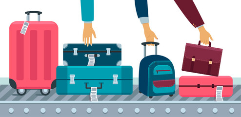 Luggage airport carousel. Baggage suitcases scanning vector illustration