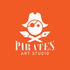 pirates skulls head with pirates hat crossed with pen and brush tools, usable for art studio