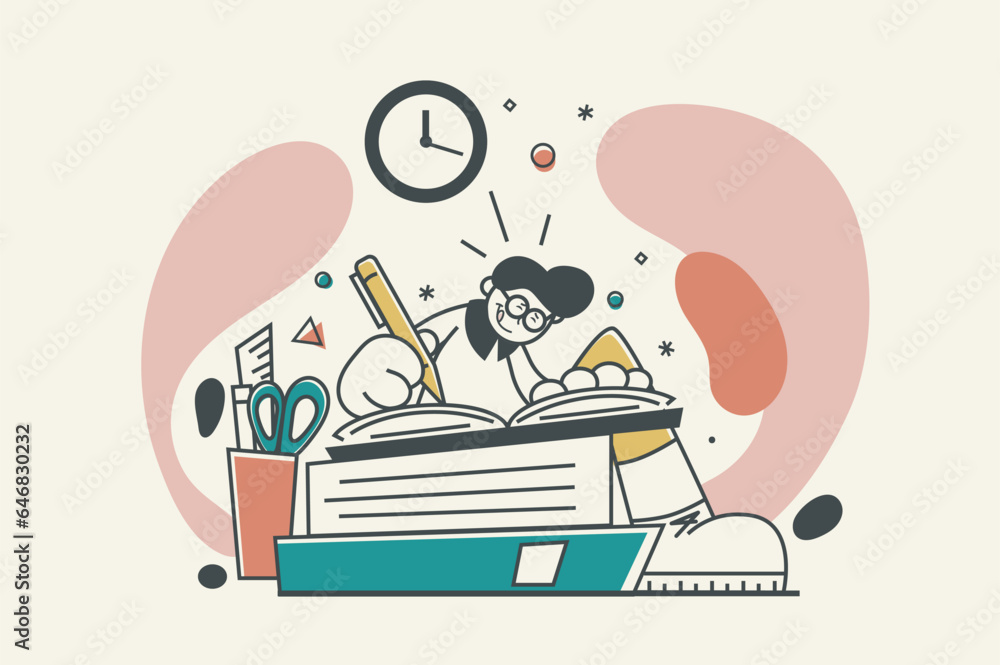 Aufkleber school learning concept with people scene in flat retro design for web. pupil writing notes and doin