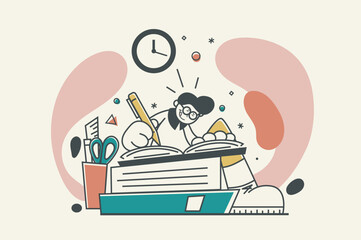 School learning concept with people scene in flat retro design for web. Pupil writing notes and doing homeworks, preparing to lessons. Vector illustration for social media banner, marketing material.