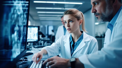 Researchers working with Data Scientist on Computer of Lab. Female Research Scientist and teamwork examining results in the Laboratory. Generative Ai.