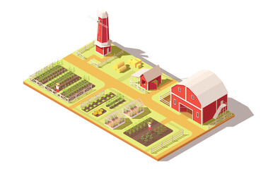 Picturesque farm landscape. Red barn, old windmill. Agriculture plants. Rural house, harvest season. Village in countryside. Farmland estate. Isometric vector illustration