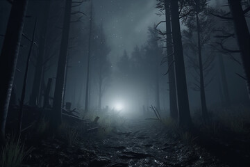 Fototapeta premium foggy and dark woods at night, mystery forest. Magical saturated foggy forest trees landscape. Generative AI
