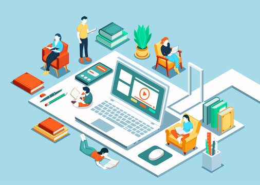 Isometric online education. The concept of learning and reading books. Modern flat design for training courses, tutorials, and lectures. Vector illustration can use for web banner, infographics, and w