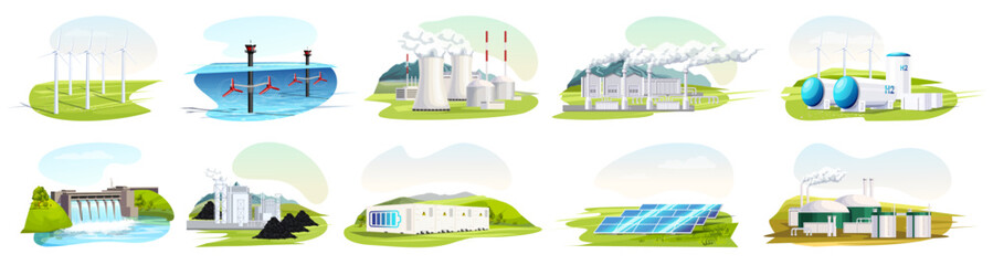 Set of various energy station. Collection of nuclear, solar, biomass, geothermal, hydrogen, wind, hydroelectric, coal, tidal, battery. Electricity production, energy factory. Vector illustration © GN.STUDIO