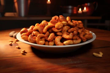 Fotobehang a plate of delicious barbecue cashew nuts on the table © Julaini