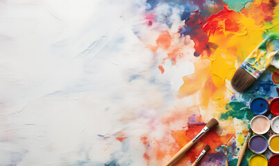 Painting equipment background design view on top, with colorful paint, brush, palette knifes, canvas background, blank space Ai image generative - Powered by Adobe