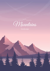 Mountain peaks in the evening twilight. Silhouettes of coniferous trees in the foreground. Minimalist poster landscape. The concept of tourism, observing nature. Vector illustration.