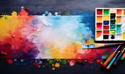 Painting equipment background design view on top, with colorful paint, brush, palette knifes, canvas background, blank space Ai image generative