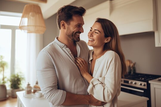 happiness marry relationship bonding Smiling young adult love couple embracing in kitchen pantry area at home daytime family concept