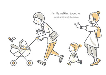 みんなで一緒に楽しくお散歩する家族　シンプルでお洒落な線画イラスト
