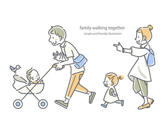 みんなで一緒に楽しくお散歩する家族　シンプルでお洒落な線画イラスト