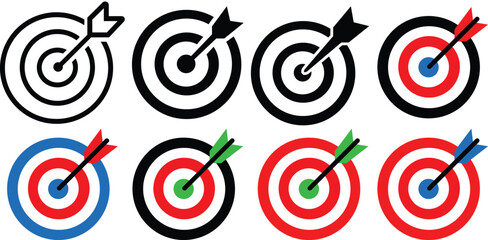 Target icons set with different colors. Dartboard with arrow. Marketing strategy sign. Goal achievement symbol collection. Target Icons in trendy flat style isolated on transparent background.
