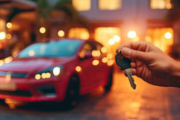 A hand holds a key on a blurred background of a car and a house. Buying or renting concept.