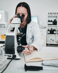 Obraz na płótnie Canvas Microscope, woman and notes in laboratory for science research, dna analysis and innovation. Scientist, biotechnology and medical investigation, chemistry test or check lens for results of assessment