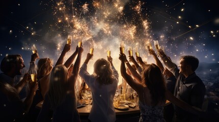Group of friends celebrating with champagne and sparklers at a party - obrazy, fototapety, plakaty
