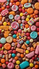 Fototapeta na wymiar Colorful Mixed collection Top view. assortment assorted sweet candy different colored round, Close up background. Many jelly donuts candies gummy.