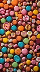 Fototapeta na wymiar Colorful Mixed collection Top view. assortment assorted sweet candy different colored round, Close up background. Many jelly donuts candies gummy.