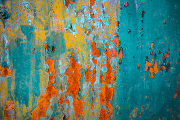 Old cracked paint in craquelure on a rusty metal surface Grunge rusted metal texture. Rusty corrosion and oxidized background. Worn metallic iron rusty metal background.