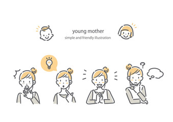 若いお母さんの表情イラストセット　シンプルでお洒落な線画イラスト