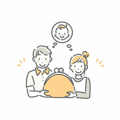 お金の悩みが解決して安心する若い夫婦　シンプルでお洒落な線画イラスト