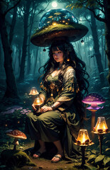 Obraz na płótnie Canvas surreal mushroom landscape, fantasy wonderland landscape with mushrooms moon. Dreamy fantasy mushrooms in magical forest.