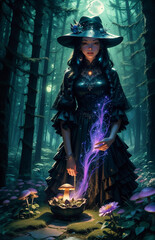 surreal mushroom landscape, fantasy wonderland landscape with mushrooms moon. Dreamy fantasy mushrooms in magical forest.