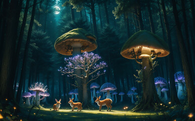 surreal mushroom landscape, fantasy wonderland landscape with mushrooms moon. Dreamy fantasy mushrooms in magical forest.