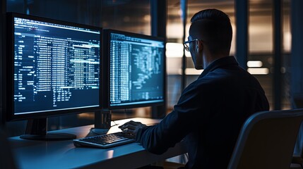 side of hacker scam working on monitor screen full of datacode computer coding in dark room