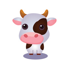 White and black cow with brown horns, big eyes and pink nose. 
