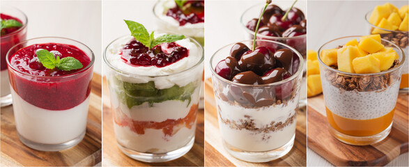 Collage of various desserts in glasses on white wooden table. Healthy dessert.