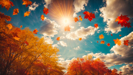 Fototapeta na wymiar beautiful sky, clouds, autumn, sunlight, colored autumn leaves